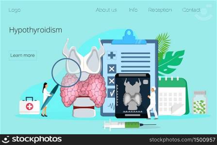 Hypothyroidism concept vector. Endocrinologists diagnose and treat human thyroid gland. Specialists make blood test on hormones. Medicine landing page template for website, app, banner.. Hypothyroidism concept vector. Endocrinologists diagnose and treat human thyroid gland