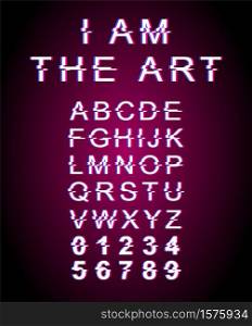 I am the art glitch font template. Retro futuristic style vector alphabet set on violet background. Capital letters, numbers and symbols. Self expression typeface design with distortion effect
