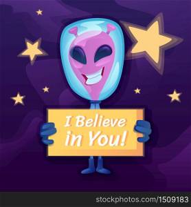 I believe in you social media post mockup. Inspirational phrase. Web banner design template. Martian with banner booster, content layout with inscription. Poster, print ads and flat illustration