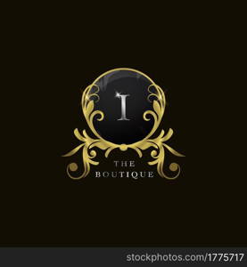 I Letter Golden Circle Shield Luxury Boutique Logo, vector design concept for initial, luxury business, hotel, wedding service, boutique, decoration and more brands.