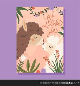 I Llove you. Two llamas couple in love. Valentine’s day card concept. Vector Illustration