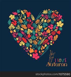I love autumn. Vector design illustration with heart.