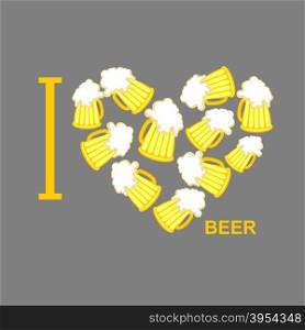 I love beer. Symbol heart of steins of beer. Vector illustration for lovers of alcohol foam.&#xA;