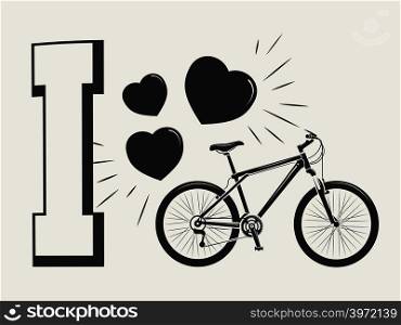 I love bicycle print design - print with bicycle and hearts. Print sport style bike, vector illustration. I love bicycle print design - print with bicycle and hearts