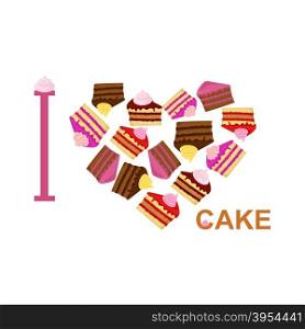 I love cake. Symbol heart of pieces of cake. Vector illustration for sweet tooth.&#xA;