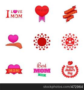 I love mom icons set. Cartoon set of 9 I love mom vector icons for web isolated on white background. I love mom icons set, cartoon style