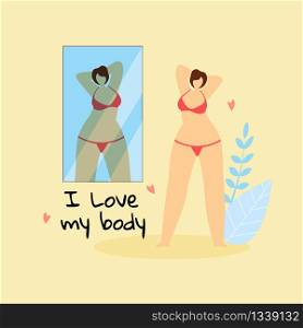 I Love My Body. Female Plus Size Character in Red Bikini Admire of Herself Standing at Big Mirror on Yellow Background with Herbs. Body Positive, Love to Own Figure, Cartoon Flat Vector Illustration.. I Love My Body. Plus Size Woman Look at Mirror