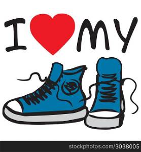 I love my sneakers. I love my sneakers.sneakers with inscription. Hand drawn vector illustration. I love my sneakers