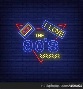 I love nineties neon lettering with audio cassette. Party and entertainment design. Night bright neon sign, colorful billboard, light banner. Vector illustration in neon style.