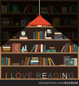 I love reading banner with bookshelf and lighting lamp.