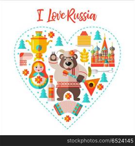 I love Russia. Flat vector illustration. Set of clipart on the R. I love Russia. Flat vector illustration. Set of clipart on the Russian theme arranged in the shape of the heart.