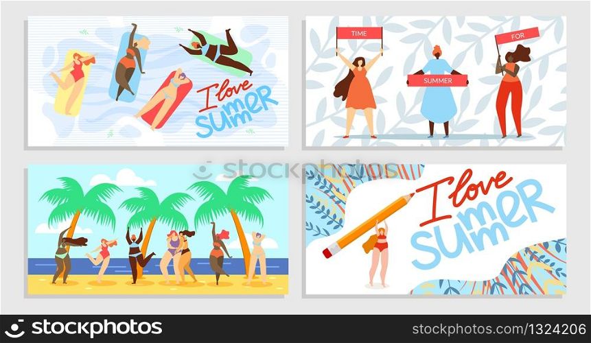 I Love Summer, Time for Summer Vector Illustration. Group Girls Swim on Inflatable Mattresses in Pond. Women in Bathing Suits Enjoy Life and Dance on Beach Near Palm Trees Cartoon.