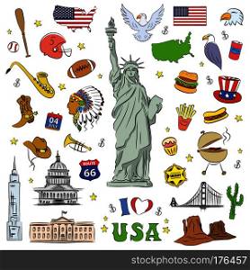I love USA . Hand drawn doodle elements, objects or icon. American travel symbols. Vector illustration. I love USA . Hand drawn doodle elements, objects or icon