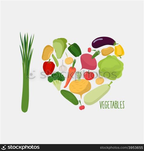 I love vegetables. Heart of vegetables. healthy food. Vector illustration&#xA;