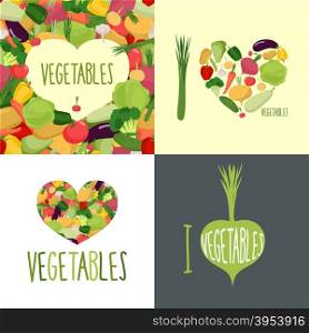 I love vegetables. Set of logos for food lovers. Symbol heart of vegetables: cabbage, onions, and potatoes. Logos for vegetarians.