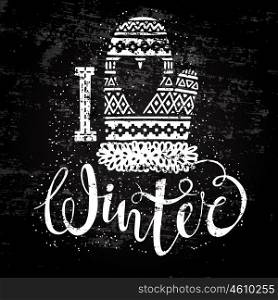 I love winter text and knitted woolen mitten with heart. Seasonal shopping concept design for banner or label.. I love winter text and knitted woolen mitten with heart. Seasonal shopping concept design for banner or label. Stylized drawing chalk on blackboard. Isolated vector illustration.