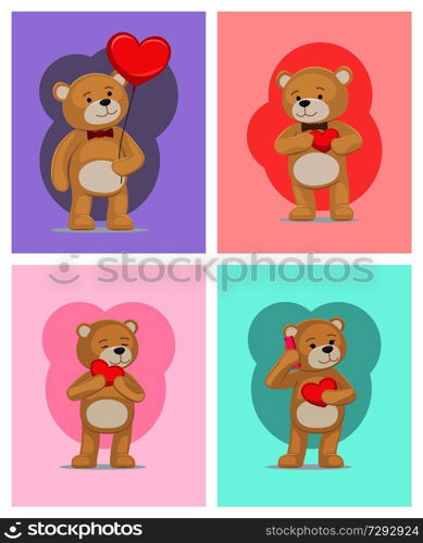 I love you and me teddy bears with heart sign vector illustration of stuffed toy animals, presents for Happy Valentines Day, cartoon posters. I Love You and Me Teddy Bears Vector