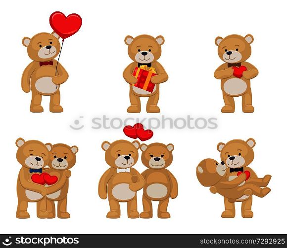 I love you and me teddy bears with heart sign vector illustration of stuffed toy animals, presents for Happy Valentines Day, cartoon posters. I Love You and Me Teddy Bears Vector