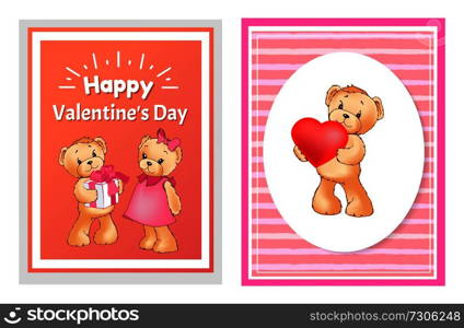 I love you and me teddy bears with heart sign vector illustration of stuffed toy animals, presents for Happy Valentines Day, cartoon posters. I Love You and Me Teddy Bears Vector