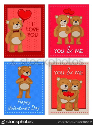 I love you and me teddy bears with heart sign vector illustration of stuffed toy animals, presents for Happy Valentines Day, cartoon posters. I Love You and Me Teddy Bears Vector