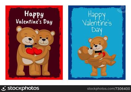I love you and me teddy bears with heart sign vector illustration of stuffed toy animals, presents for Happy Valentines Day, cartoon posters. Female in paws of lovely male hold his heart. I Love You and Me Teddy Bears Vector