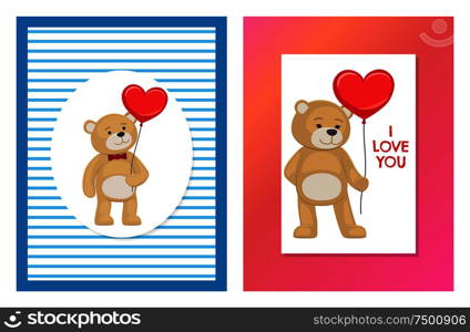 I love you and me teddy bears with heart sign vector illustration of stuffed toy animals, presents for Happy Valentines Day, cartoon posters set.. I Love You and Me Teddy Bears Vector