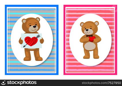 I love you and me teddy bears with heart sign vector illustration of stuffed toy animals, presents for Happy Valentines Day, cartoon posters set.. I Love You and Me Teddy Bears Vector