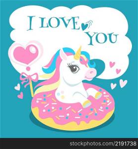 I love you card. Cute unicorn on sweet greeting banner isolated on white background. I love you card. Cute unicorn on sweet greeting banner