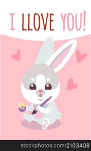 I love you card. Sweet little bunny with Easter egg and paint brush isolated on white background. I love you card. Sweet little bunny with Easter egg and paint brush