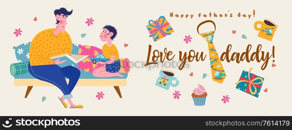 I love you, daddy. Vector greeting card, banner for father&rsquo;s day. Dad reads a book to his son.. Happy father&rsquo;s day. Vector illustration, banner, greeting card.