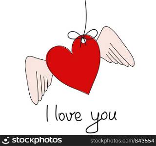 I Love You Greeting Card with Hanging Heart & Wings, stock vector illustration