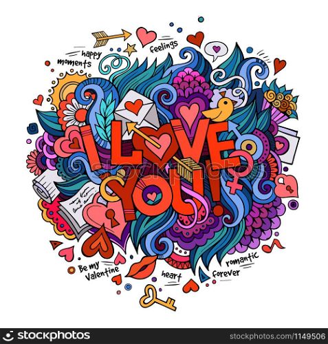I Love You hand lettering and doodles elements Vector illustration