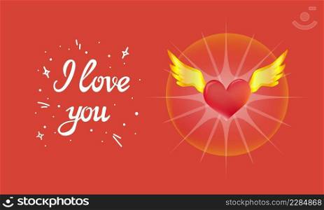 I Love You, hand lettering and shining red flying heart with golden wings, on red background. Cute Valentine day or anniversary cartoon design, for package insert, labels, other prints. I Love You lettering with shiny winged heart
