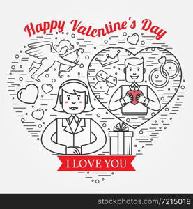 I Love You, Happy Valentine&rsquo;s Day greetings card, labels, badges, symbols, illustrations, tattoo and typography vector elements. For web design and application interface. Thin line icon.