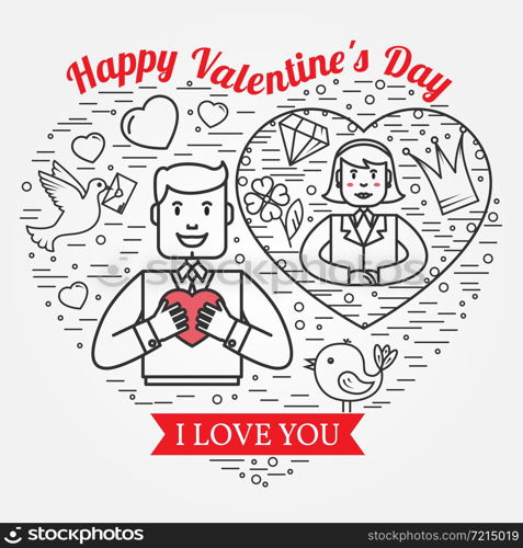 I Love You, Happy Valentine&rsquo;s Day greetings card, labels, badges, symbols, illustrations, tattoo and typography vector elements. For web design and application interface. Thin line icon.