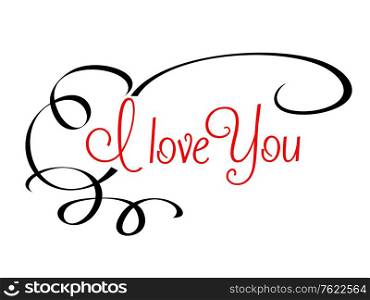 I Love You header with calligraphic red text surrounded by a flowing scroll on a plain white background