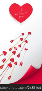 I Love You lettering in red heart. Arrows on white background with heart-shaped label. Valentine Day holiday. Lettering can be used for invitations, greeting cards, leaflets