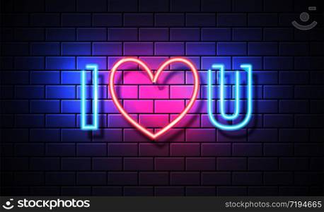 I Love You Neon Sign on a brick background. Vector illustration on the theme of love and romance for Valentine's Day
