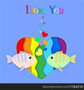 I love you paper cut fish couple flow on rainbow heart background with heart shaped bubbles. Lgbt gay lesbian pride Happy Saint Valentines Day Greeting card with typography. 3d Illustration. I love you paper cut fish couple on rainbow heart