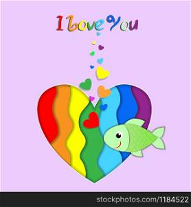 I love you paper cut fish flow on rainbow heart background with heart shaped bubbles. Lgbt gay lesbian pride Happy Saint Valentines Day Papercut Greeting card with typography. 3d Illustration. I love you paper cut fish on rainbow heart card