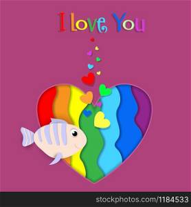 I love you paper cut fish flow on rainbow heart background with heart shaped bubbles. Lgbt gay lesbian pride Happy Saint Valentines Day Papercut Greeting card with typography. 3d Vector Illustration. I love you paper cut fish on rainbow heart card