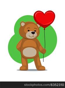 I love you poster adorable teddy gently holding heart balloon in hands, lovely bear animal with red symbol of love, vector illustration greeting card. I Love You Poster Adorable Teddy Gently Hold Heart