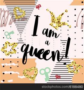 I QUEEN Memphis background. Memphis style Abstract colored background with the words &#xA;I&apos;m the queen. Illustration for print, design element. Stock vector
