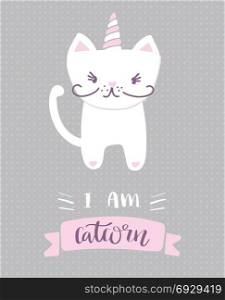 I&rsquo;m a little catcorn. Lovely, cartoon cat unicorn. vector. I am catcorn. Lovely, cartoon cat unicorn and lettering text on polca dot background. Cute vector for clothing print, children print on t-shirt for girl.