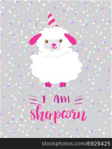 I&rsquo;m a little catcorn. Lovely, cartoon cat unicorn. vector. I am sheepcorn. Lovely, cartoon white sheep unicorn and lettering text on polca dot background. Cute vector for clothing print, children print on t-shirt for girl.