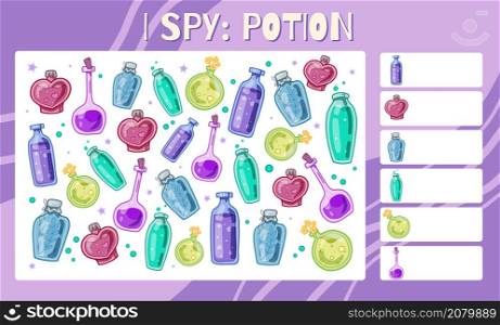 I spy educational game for children. Count how many bottles and flasks. Vector kindergarten worksheet template. Magic potions and poisons.. I spy educational game for children. Count how many bottles and flasks. Vector kindergarten worksheet template.
