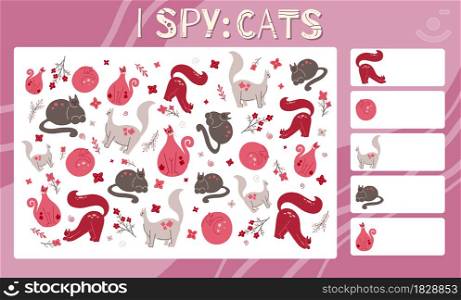 I spy game. Childrens educational fun. Count how many cats. Flat hand drawn kitten, branch, leaves and flowers. Vector animal template for preschool games. Education task sheet. I spy game. Childrens educational fun. Count how many cats. Flat hand drawn kitten, branch, leaves and flowers. Vector animal template for preschool games.