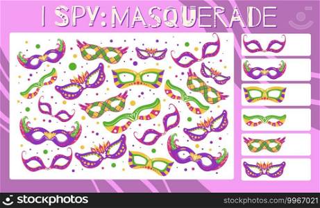 I spy game. Childrens educational fun. Count how many elements. Flat hand drawn cartoon masquerade masks. Mardi Gras holiday. Theater and opera. Vector template for preschool games.. I spy game. Childrens educational fun. Count how many elements. Flat hand drawn cartoon masquerade masks. Mardi Gras holiday. Theater and opera.