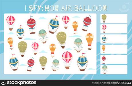 I spy game. Childrens educational fun. Count how many hot air balloons. Cartoon aircraft, vintage balloons and airship. Vector template for preschool games. Education task sheet. I spy game. Childrens educational fun. Count how many hot air balloons. Cartoon aircraft, vintage balloons and airship. Vector template for preschool games.