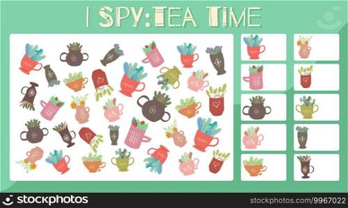 I spy game. Educational entertainment for preschool and younger school age. Spring cups of herbal teas. Flat cartoon style. How many items. Counting objects.. I spy game. Educational entertainment for preschool and younger school age. Spring cups of herbal teas. Flat cartoon style. How many items